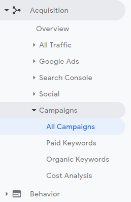 Você pode encontrar os resultados dos parâmetros UTM na seção Campanhas do Google Analytics