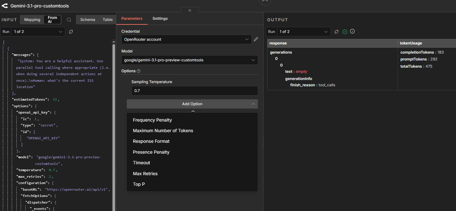 An example of the OpenRouter sub-node settings in n8n