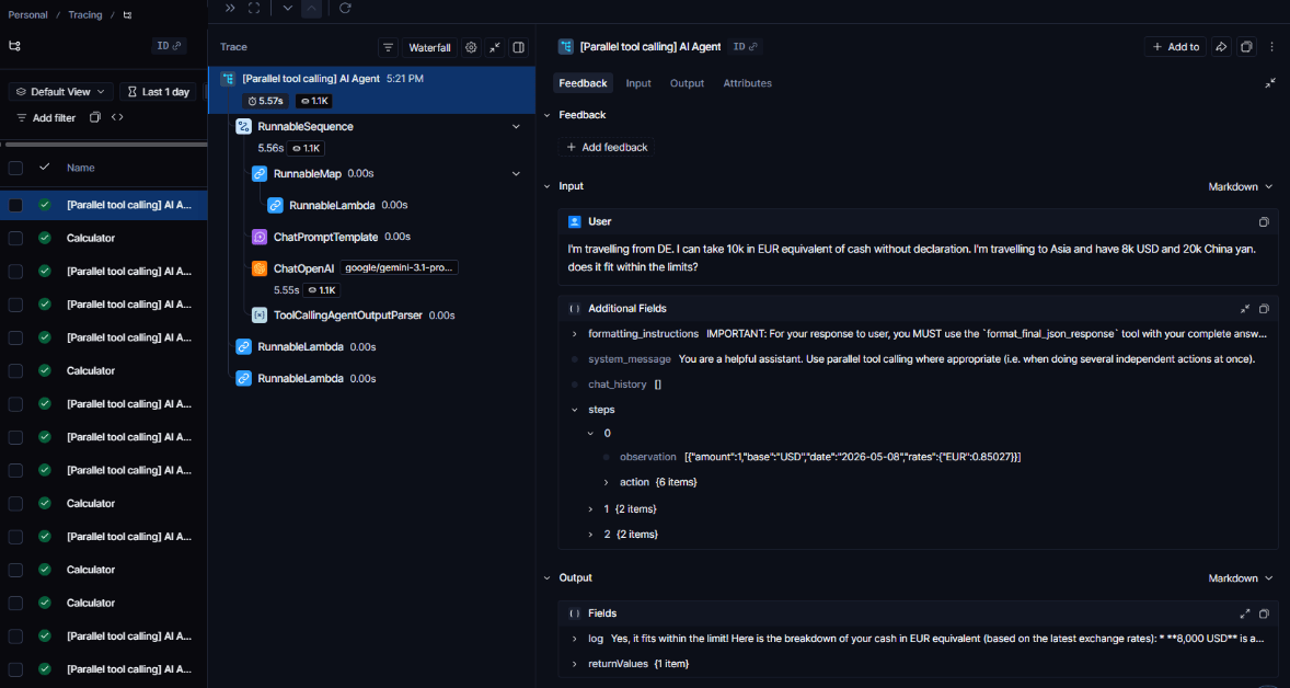 Visualização de rastreamento LangSmith mostrando detalhamento em nível de extensão de uma execução de agente n8n AI com chamadas de ferramenta paralelas