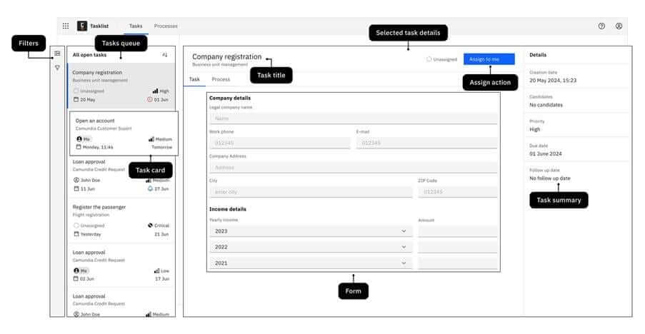 UI do aplicativo de tarefas Camunda mostrando fila de tarefas, formulário de registro da empresa e painel de detalhes da tarefa