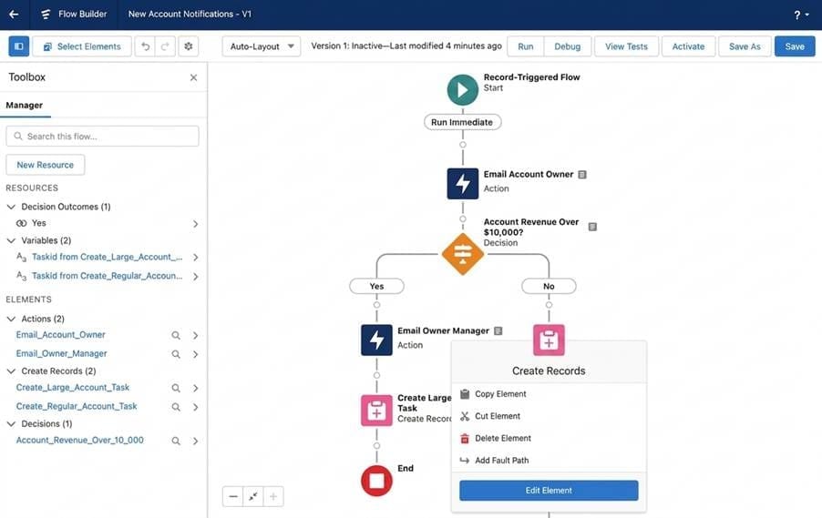 Salesforce Flow Builder mostrando um fluxo acionado por registro com ramificação condicional com base no limite de receita da conta