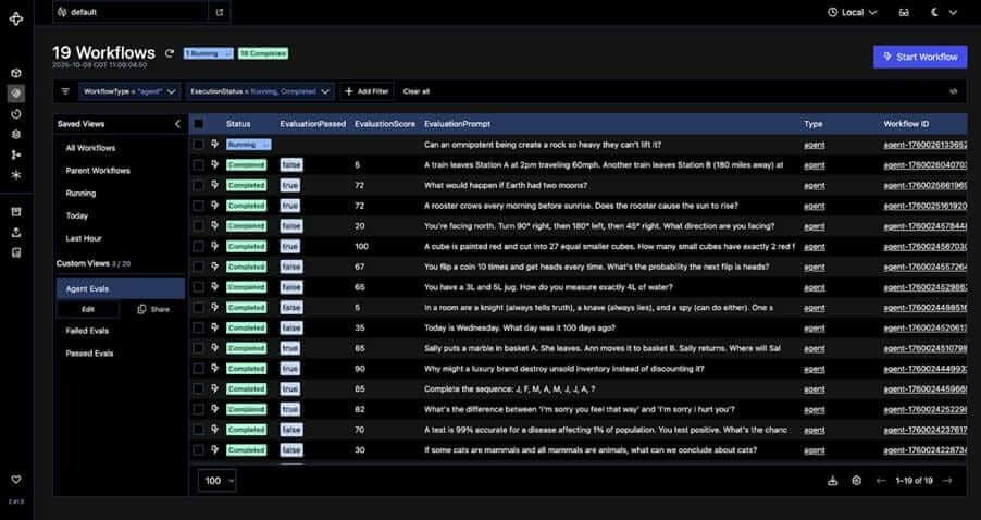 UI da Web temporal mostrando lista de execução de fluxo de trabalho com prompts de avaliação, pontuações e status em execução/concluído