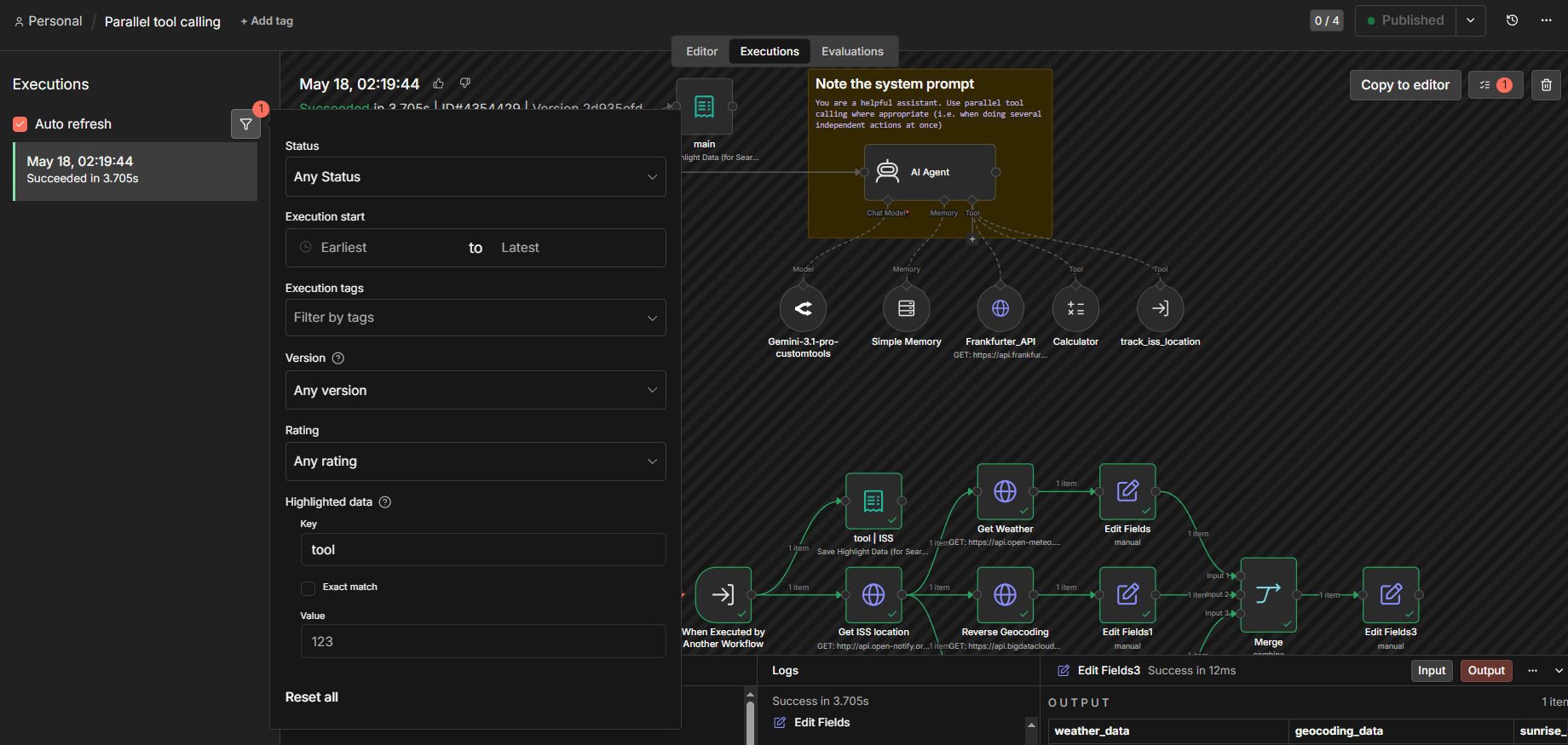 An example of the more advanced technique in n8n: tag a sub-workflow tool execution to separate main agent vs tool runs