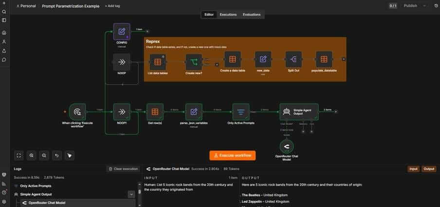 Editor de fluxo de trabalho n8n mostrando um exemplo de parametrização de prompt com nó de agente de IA, operações de tabela de dados e execução do modelo de bate-papo OpenRouter