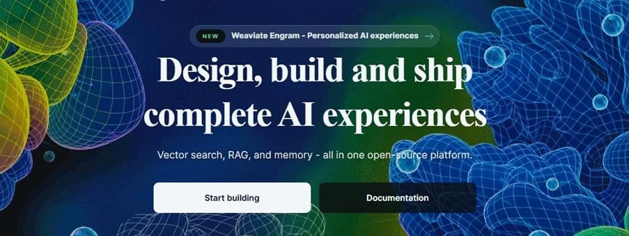 Página inicial do Weaviate mostrando pesquisa vetorial de código aberto, RAG e plataforma de memória para experiências de IA.
