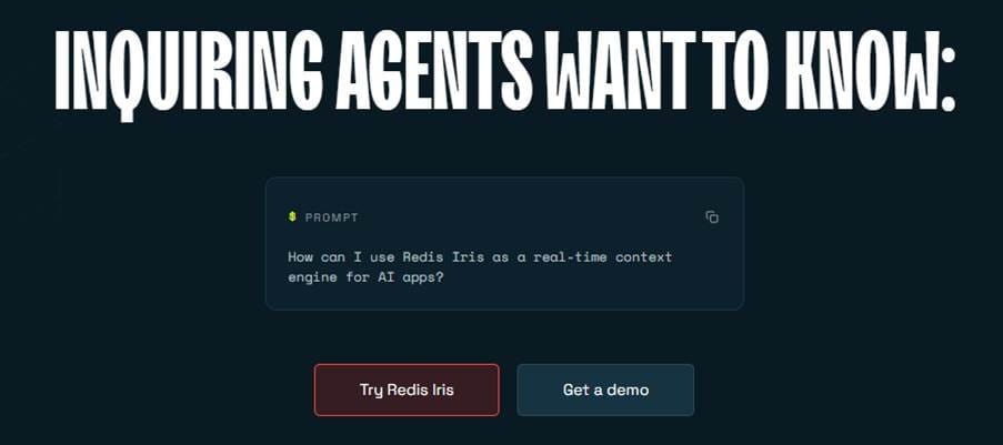 Página inicial do Redis Iris mostrando mecanismo de contexto em tempo real para agentes de IA com recursos de pesquisa vetorial