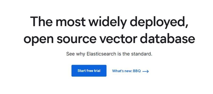 Página inicial do Elasticsearch posicionando-o como o banco de dados vetorial de código aberto mais amplamente implantado