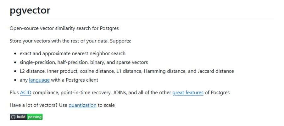 Repositório pgvector GitHub mostrando extensão de pesquisa de similaridade vetorial de código aberto para PostgreSQL
