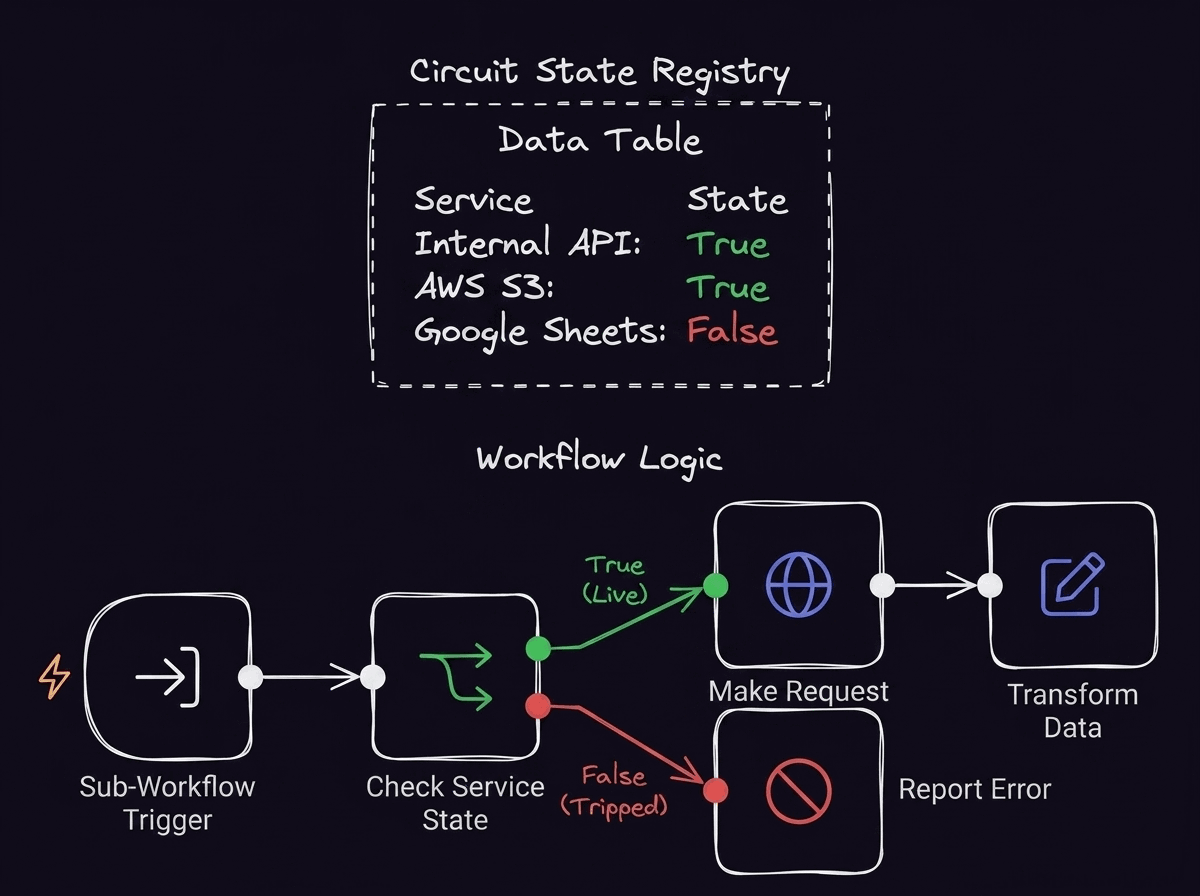 Novas tentativas e substitutos – n8n Blog 2 Diagrama de um fluxo de trabalho n8n verificando o estado de serviço de um disjuntor em uma tabela de dados antes de fazer ou bloquear uma solicitação de API.