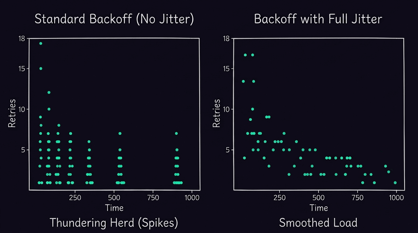 Novas tentativas e substitutos – n8n Blog 1 Gráficos de dispersão comparando a espera exponencial sem jitter (rebanho trovejante) versus com jitter total (carga suavizada)